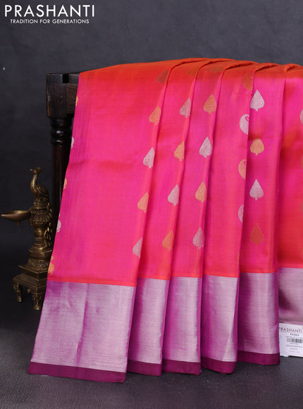 Venkatagiri silk saree dual shade of pinkish orange and deep maroon with silver & gold zari woven buttas and silver zari woven border