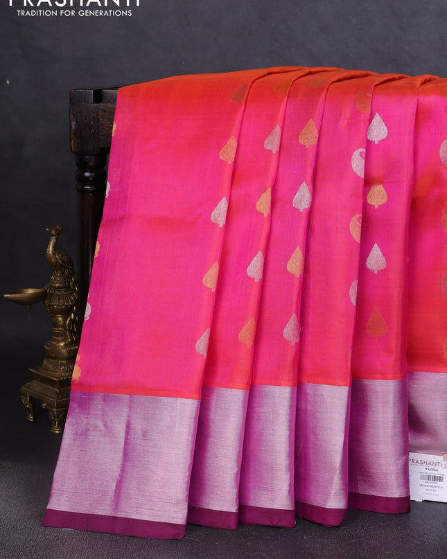 Venkatagiri silk saree dual shade of pinkish orange and deep maroon with silver & gold zari woven buttas and silver zari woven border
