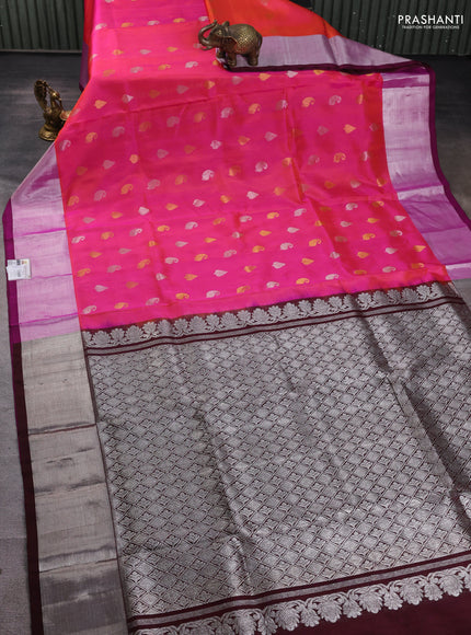 Venkatagiri silk saree dual shade of pinkish orange and deep maroon with silver & gold zari woven buttas and silver zari woven border