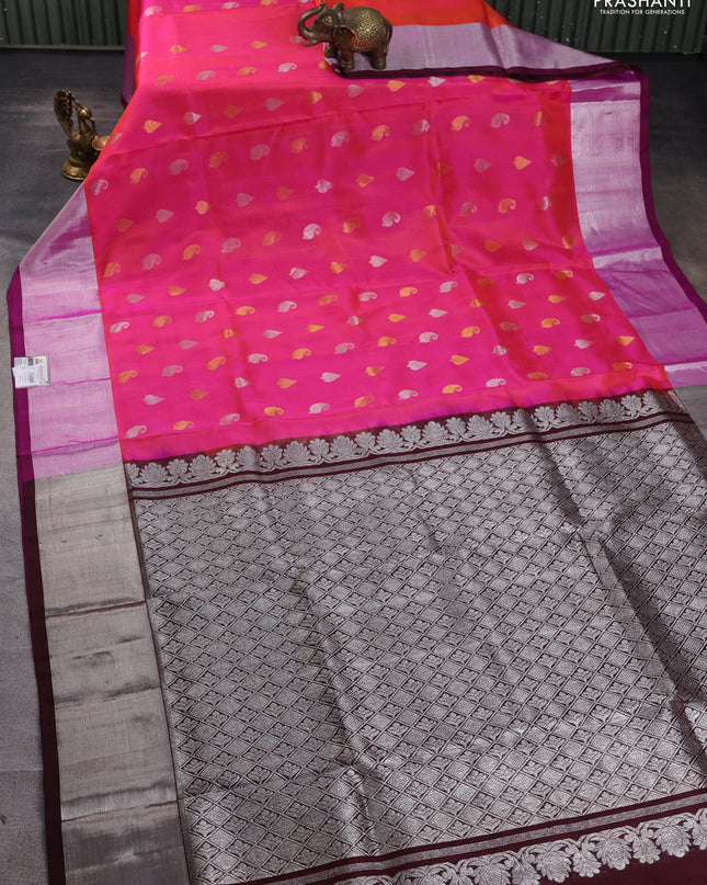 Venkatagiri silk saree dual shade of pinkish orange and deep maroon with silver & gold zari woven buttas and silver zari woven border