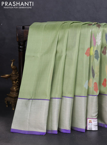 Venkatagiri silk saree pista green and blue with allover jamdhani weaves and silver zari woven border