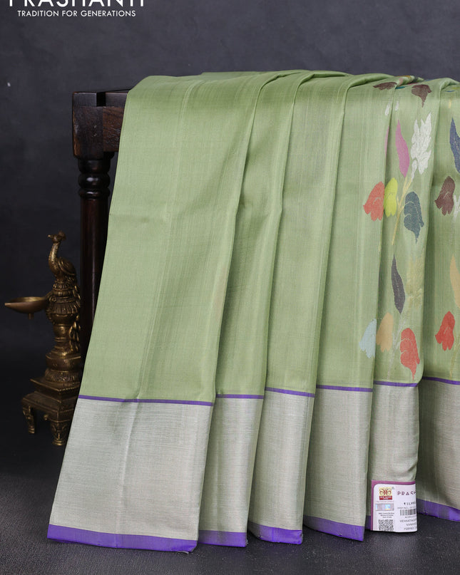 Venkatagiri silk saree pista green and blue with allover jamdhani weaves and silver zari woven border
