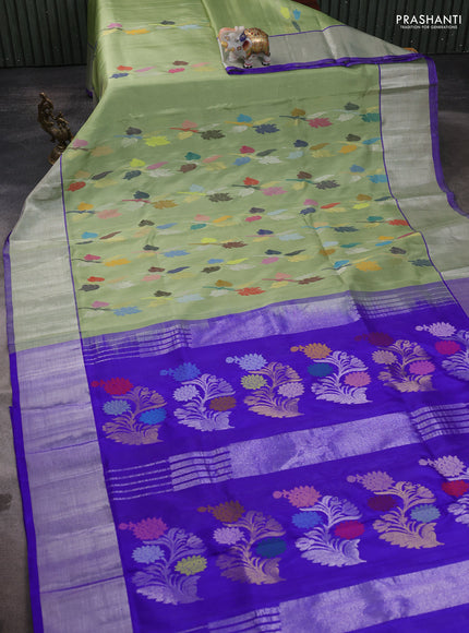 Venkatagiri silk saree pista green and blue with allover jamdhani weaves and silver zari woven border