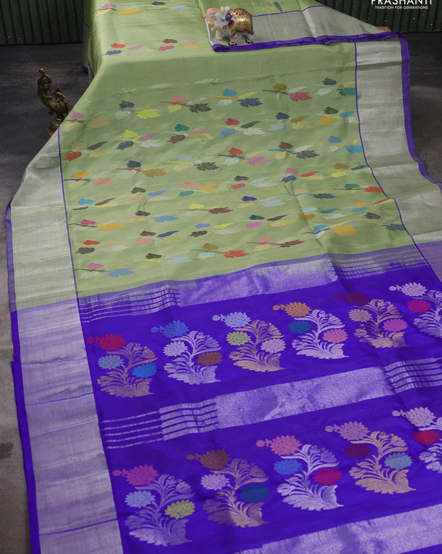 Venkatagiri silk saree pista green and blue with allover jamdhani weaves and silver zari woven border