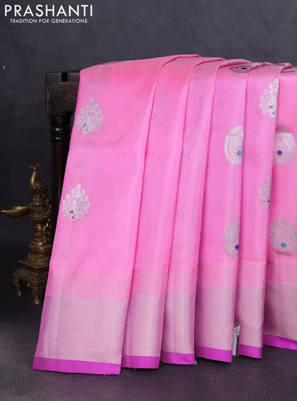 Venkatagiri silk saree candy pink and purple with silver zari woven buttas and silver zari woven border