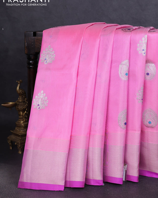 Venkatagiri silk saree candy pink and purple with silver zari woven buttas and silver zari woven border