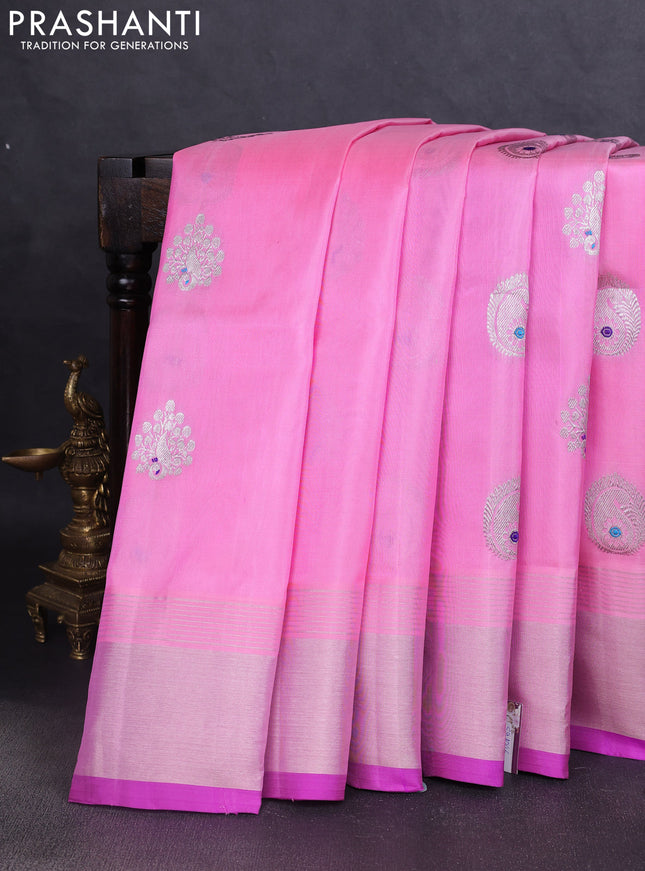 Venkatagiri silk saree candy pink and purple with silver zari woven buttas and silver zari woven border