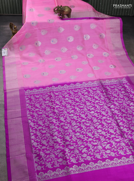 Venkatagiri silk saree candy pink and purple with silver zari woven buttas and silver zari woven border