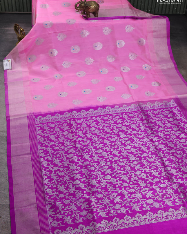 Venkatagiri silk saree candy pink and purple with silver zari woven buttas and silver zari woven border