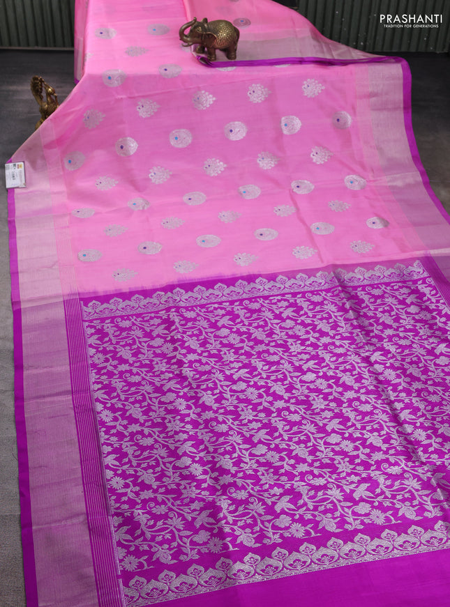 Venkatagiri silk saree candy pink and purple with silver zari woven buttas and silver zari woven border