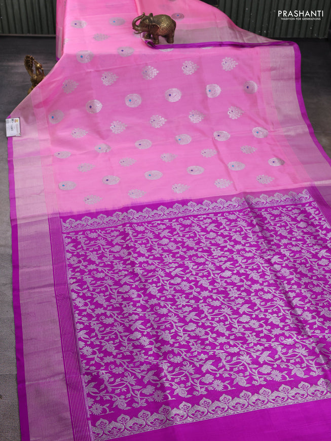 Venkatagiri silk saree candy pink and purple with silver zari woven buttas and silver zari woven border