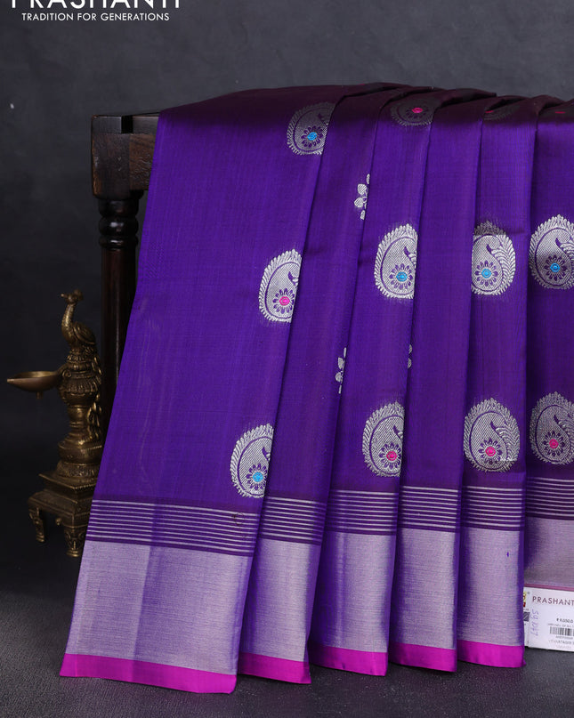 Venkatagiri silk saree blue and pink with silver zari woven buttas and silver zari woven border