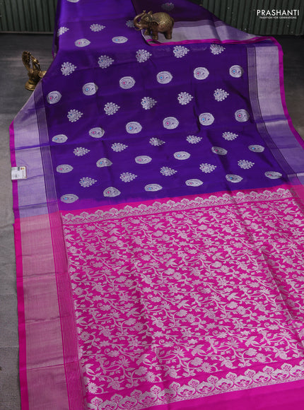 Venkatagiri silk saree blue and pink with silver zari woven buttas and silver zari woven border