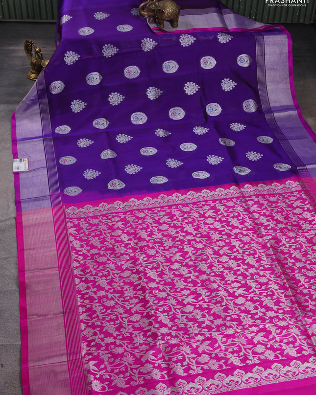 Venkatagiri silk saree blue and pink with silver zari woven buttas and silver zari woven border