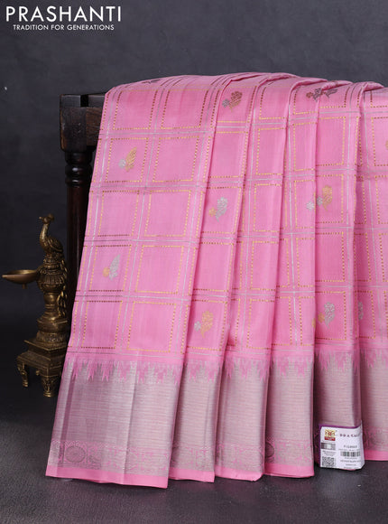 Venkatagiri silk saree light pink with allover silver & gold zari checked pattern and silver zari woven border
