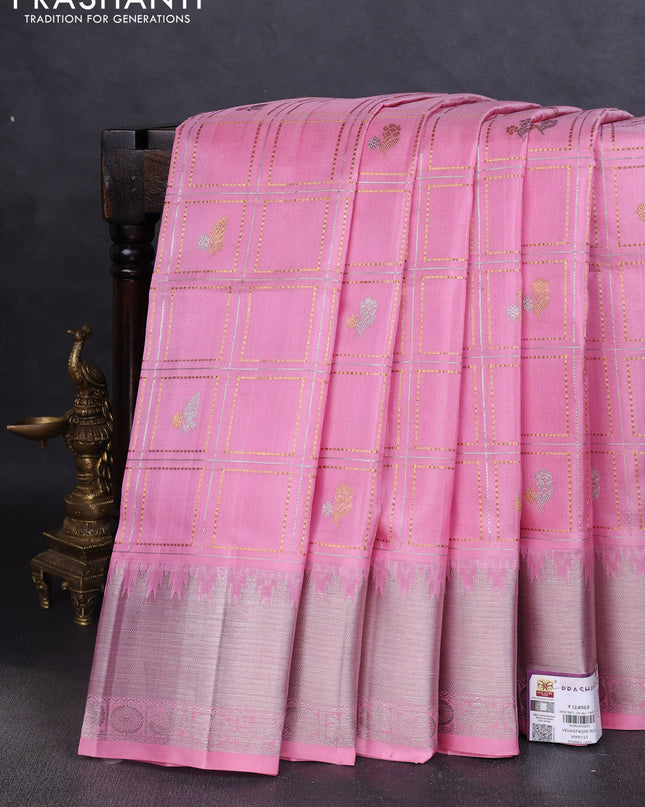 Venkatagiri silk saree light pink with allover silver & gold zari checked pattern and silver zari woven border