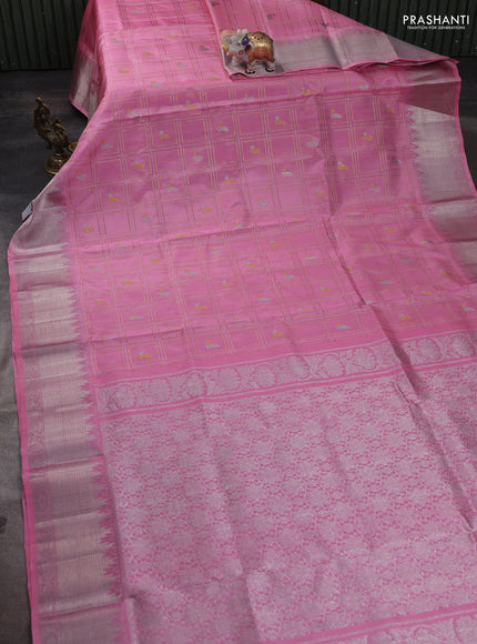 Venkatagiri silk saree light pink with allover silver & gold zari checked pattern and silver zari woven border