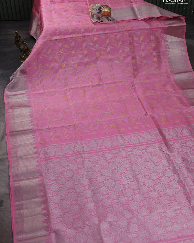 Venkatagiri silk saree light pink with allover silver & gold zari checked pattern and silver zari woven border