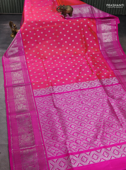 Venkatagiri silk saree dual shade of pinkish orange and pink with allover silver zari woven buttas and silver zari woven border