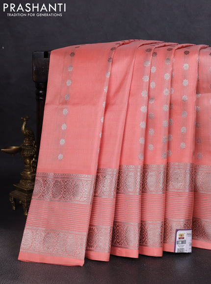 Venkatagiri silk saree peach shade with allover silver zari woven buttas and silver zari woven border