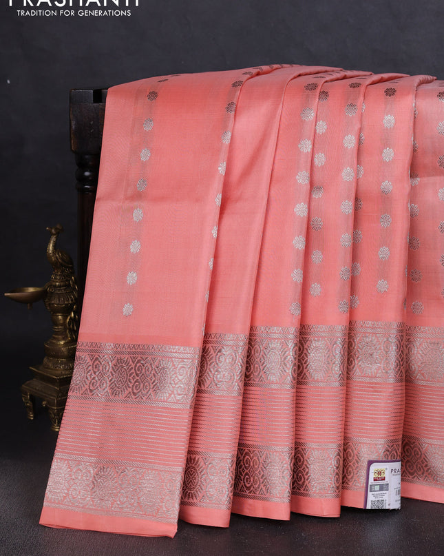 Venkatagiri silk saree peach shade with allover silver zari woven buttas and silver zari woven border