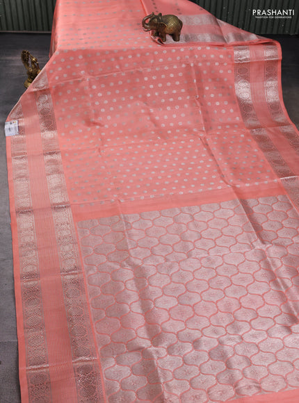 Venkatagiri silk saree peach shade with allover silver zari woven buttas and silver zari woven border