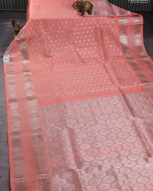 Venkatagiri silk saree peach shade with allover silver zari woven buttas and silver zari woven border