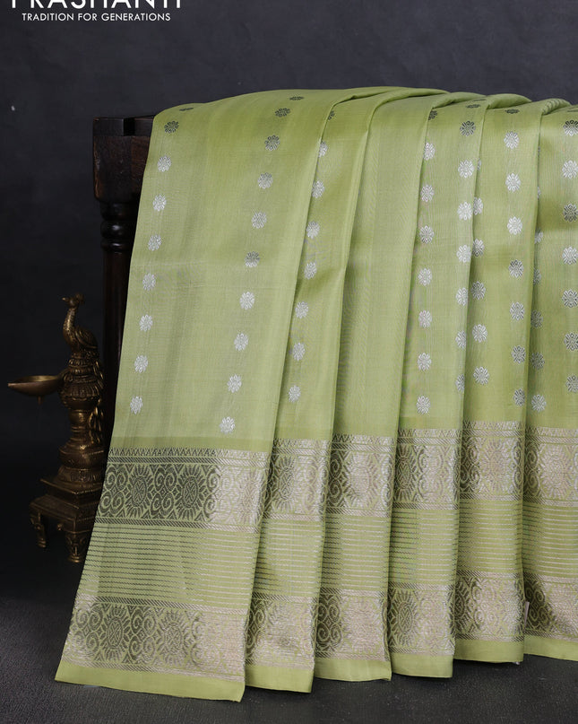 Venkatagiri silk saree pista green with allover silver zari woven buttas and silver zari woven border