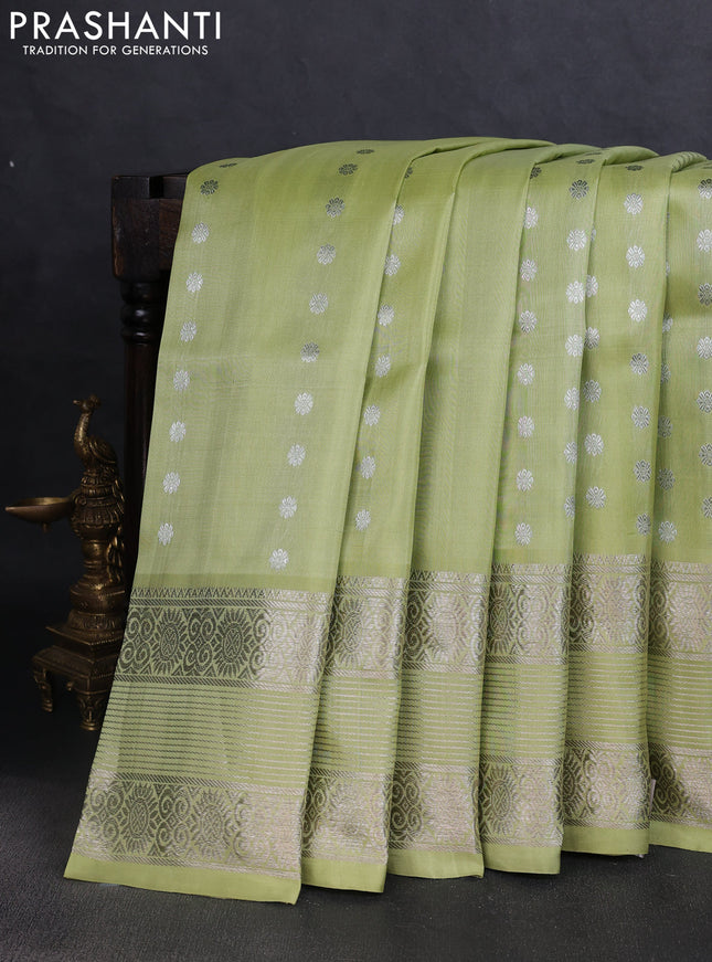 Venkatagiri silk saree pista green with allover silver zari woven buttas and silver zari woven border