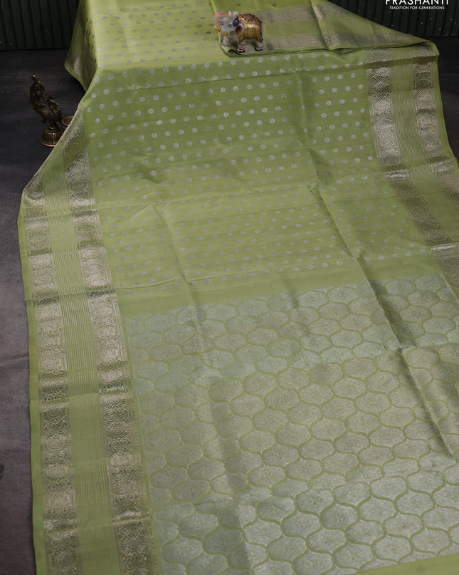 Venkatagiri silk saree pista green with allover silver zari woven buttas and silver zari woven border