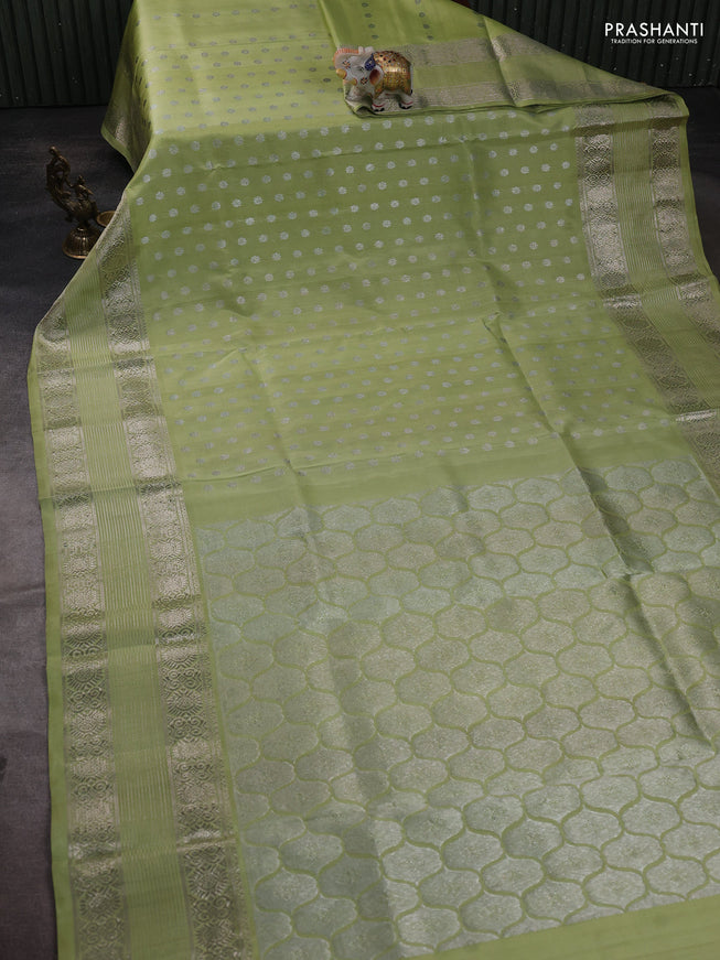 Venkatagiri silk saree pista green with allover silver zari woven buttas and silver zari woven border