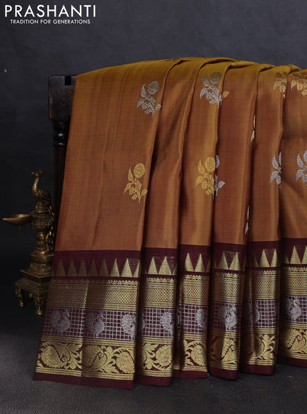 Venkatagiri silk saree dark mustard and deep maroon with silver & gold zari woven buttas and temple design zari woven border