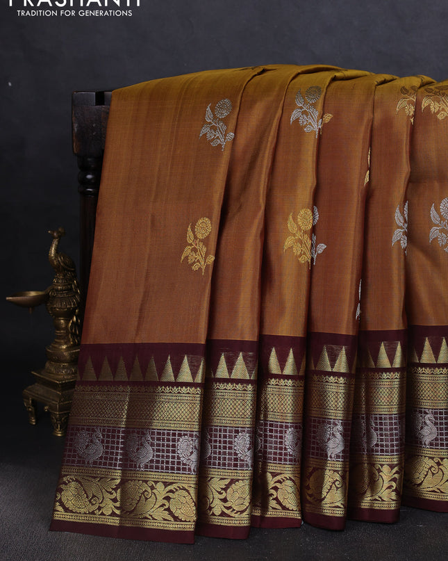Venkatagiri silk saree dark mustard and deep maroon with silver & gold zari woven buttas and temple design zari woven border