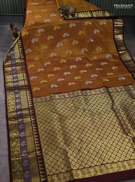 Venkatagiri silk saree dark mustard and deep maroon with silver & gold zari woven buttas and temple design zari woven border