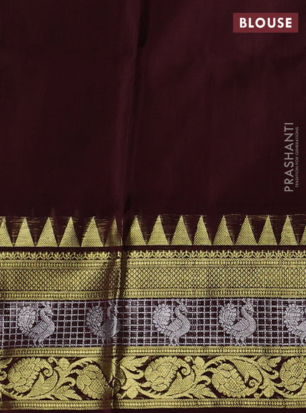 Venkatagiri silk saree dark mustard and deep maroon with silver & gold zari woven buttas and temple design zari woven border