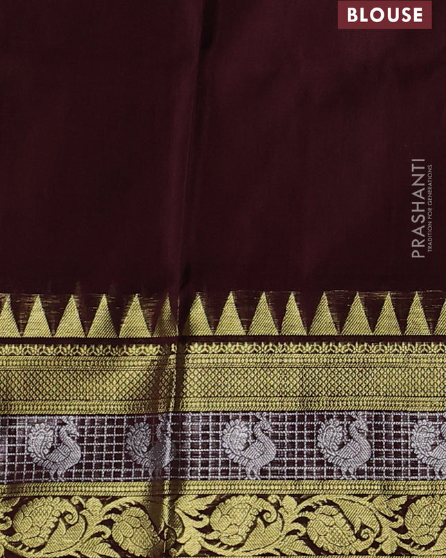 Venkatagiri silk saree dark mustard and deep maroon with silver & gold zari woven buttas and temple design zari woven border