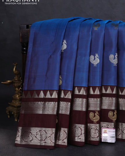 Venkatagiri silk saree cs blue and coffee brown with silver & gold annam zari woven buttas and temple design zari woven border