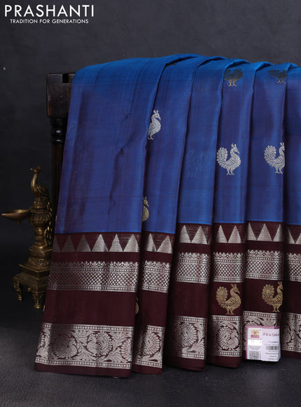 Venkatagiri silk saree cs blue and coffee brown with silver & gold annam zari woven buttas and temple design zari woven border