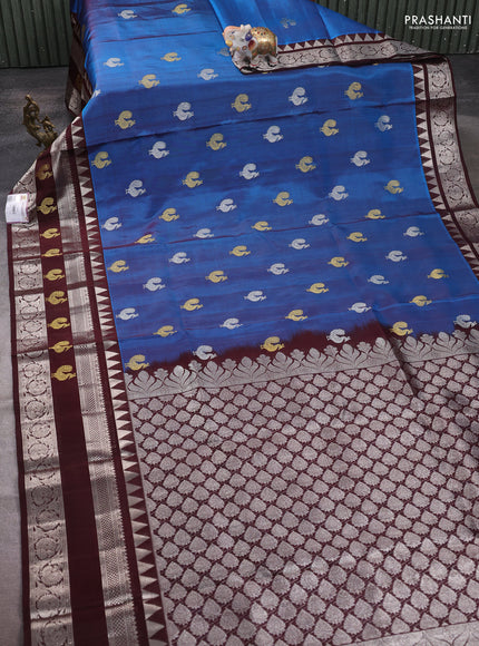 Venkatagiri silk saree cs blue and coffee brown with silver & gold annam zari woven buttas and temple design zari woven border