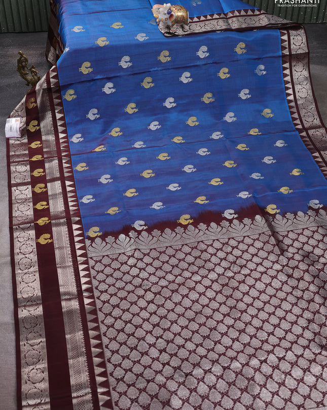 Venkatagiri silk saree cs blue and coffee brown with silver & gold annam zari woven buttas and temple design zari woven border
