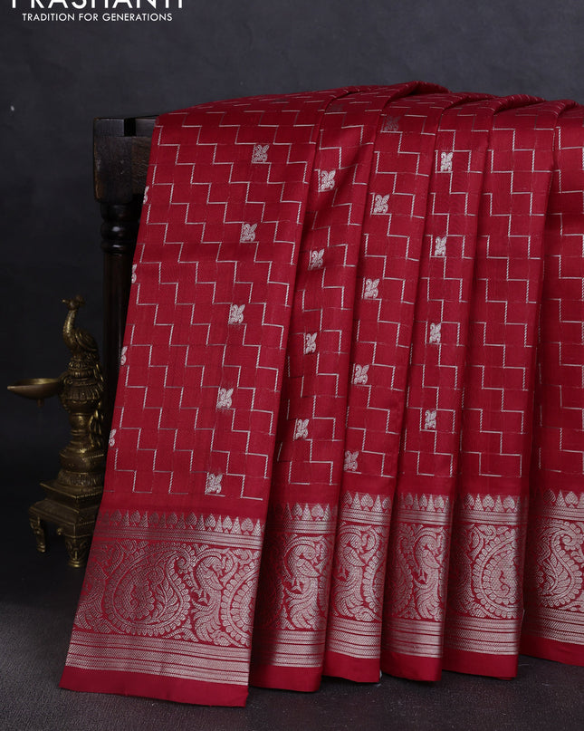 Venkatagiri silk saree red with allover silver zari zig zag weaves and silver zari woven border