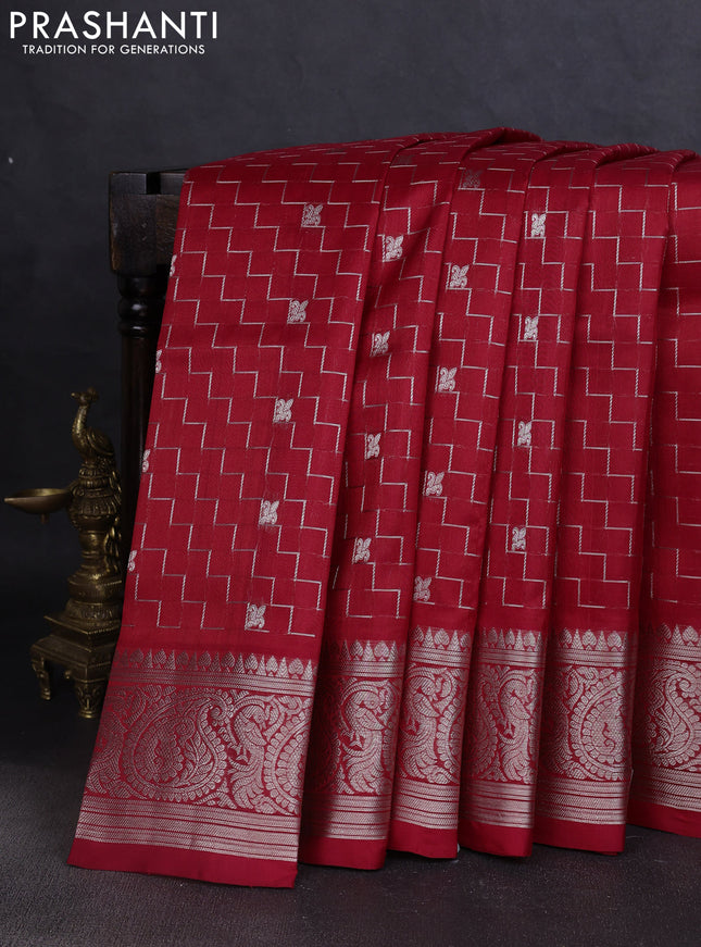 Venkatagiri silk saree red with allover silver zari zig zag weaves and silver zari woven border