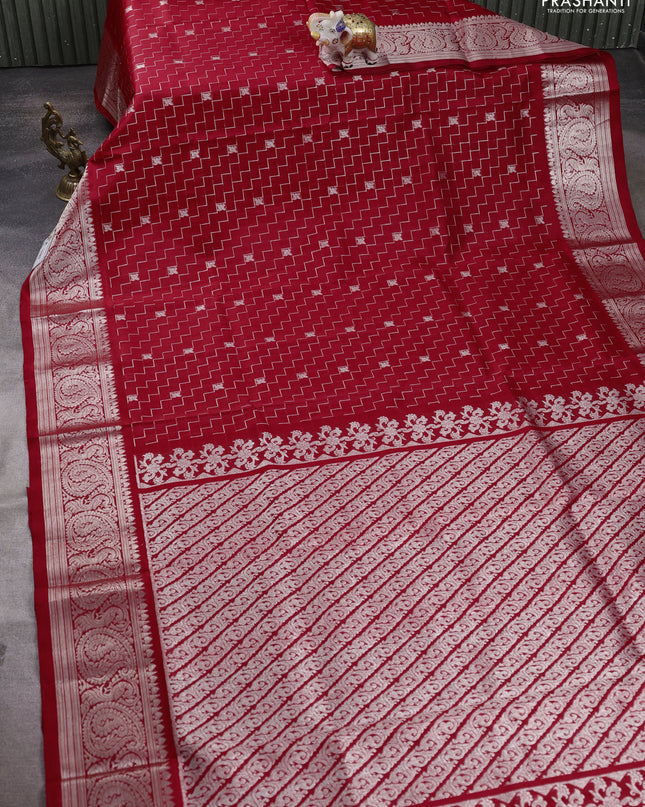 Venkatagiri silk saree red with allover silver zari zig zag weaves and silver zari woven border