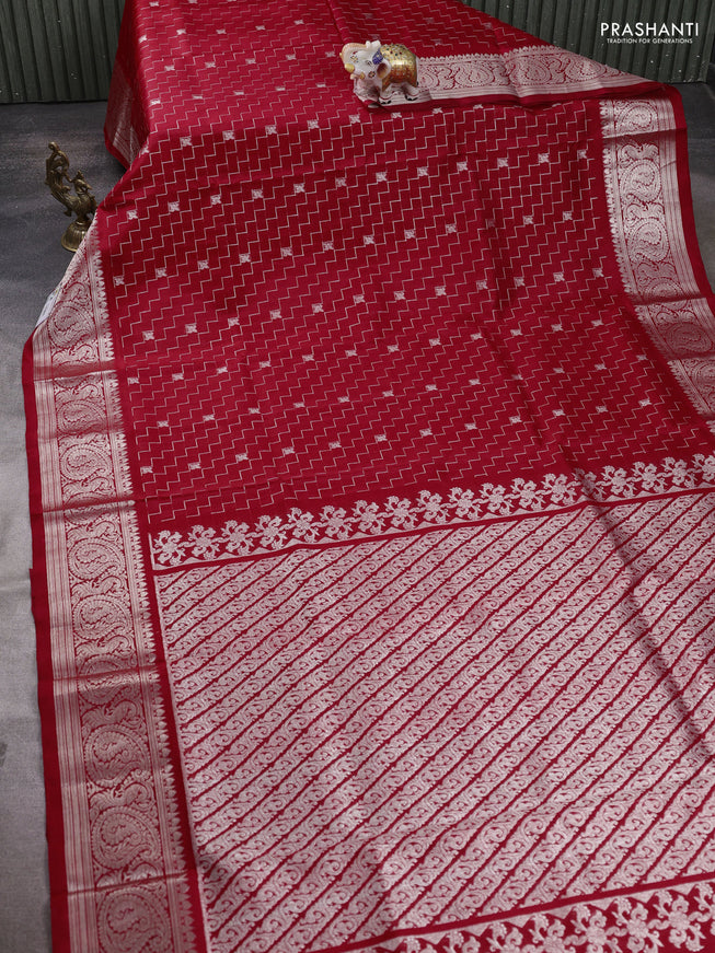 Venkatagiri silk saree red with allover silver zari zig zag weaves and silver zari woven border