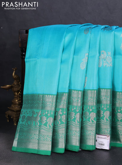 Venkatagiri silk saree light blue and green with silver zari woven buttas and long silver zari woven border