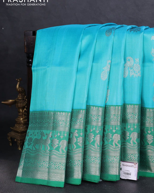Venkatagiri silk saree light blue and green with silver zari woven buttas and long silver zari woven border