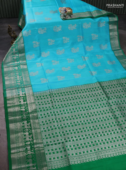 Venkatagiri silk saree light blue and green with silver zari woven buttas and long silver zari woven border