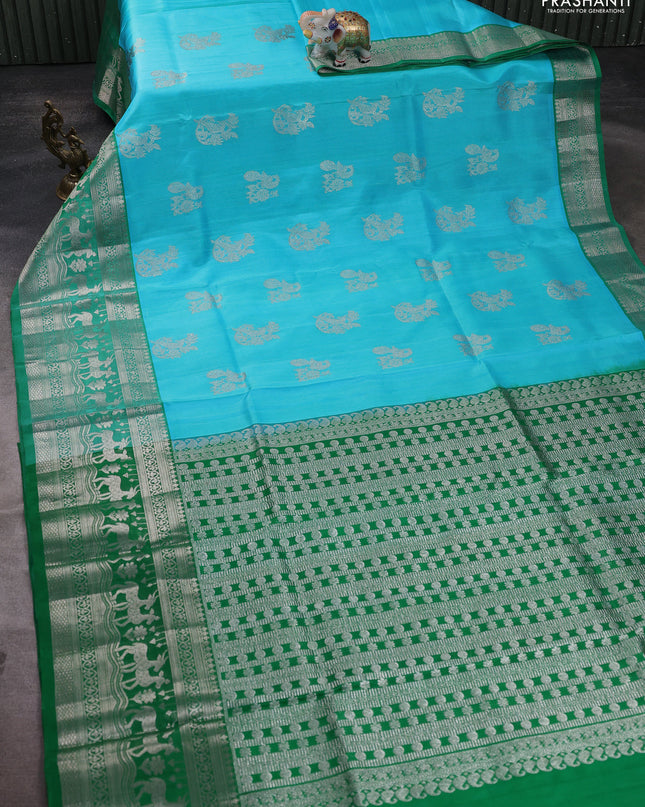 Venkatagiri silk saree light blue and green with silver zari woven buttas and long silver zari woven border