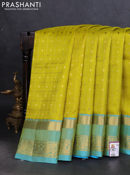 Venkatagiri silk saree lime yellow and teal blue with allover zari checks & buttas and rettapet zari woven border