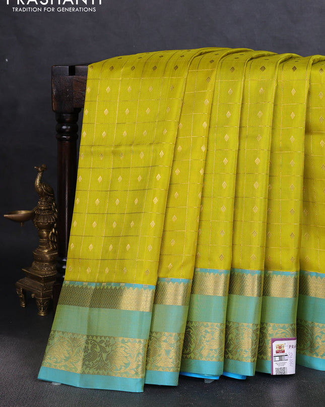 Venkatagiri silk saree lime yellow and teal blue with allover zari checks & buttas and rettapet zari woven border